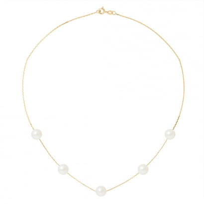 7 mm 5 Perlen Halskette mit Weissen Zuchtperlen und 750/1000 Gelbgold