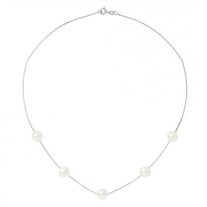 Collier 5 Perles de culture Blanches 7 mm et Or Blanc 750/1000