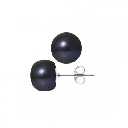 Boucles d'Oreilles Perles de Culture d'eau douce Noires 10-11 mm et or Blanc 750/1000
