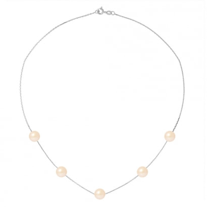 7 mm 5 Perlen Halskette mit Rosa Zuchtperlen und 750/1000 Weißgold