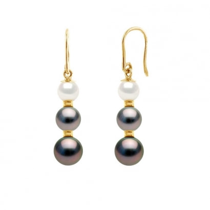 Black Tahitian and white freshwater Pearls Dangling Earrings and yellow gold 750/1000