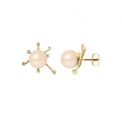 Boucles d'Oreilles Perles de Culture Roses, Diamants 0.14 cts et Or Jaune 750/1000