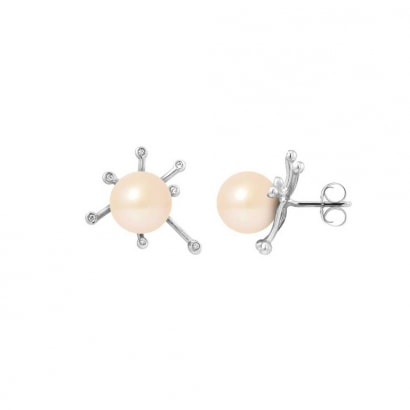 Boucles d'Oreilles Perles de Culture Roses, Diamants 0.14 cts et Or Blanc 750/1000