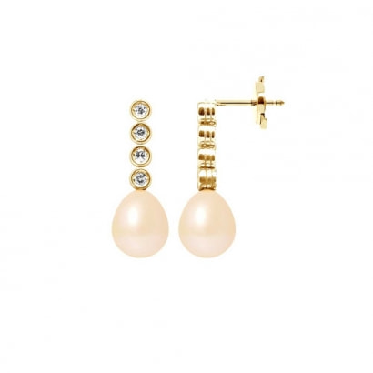 Pink Freshwater Pearls, 0.24 cts Diamonds Dangling Earrings and yellow gold 750/1000