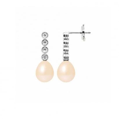 Boucles d'Oreilles Perles de Culture Roses, Diamants 0.24 cts et Or Blanc 750/1000