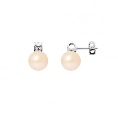 Boucles d'Oreilles Perles de Culture Roses, Diamants 0.10 cts et Or Blanc 750/1000