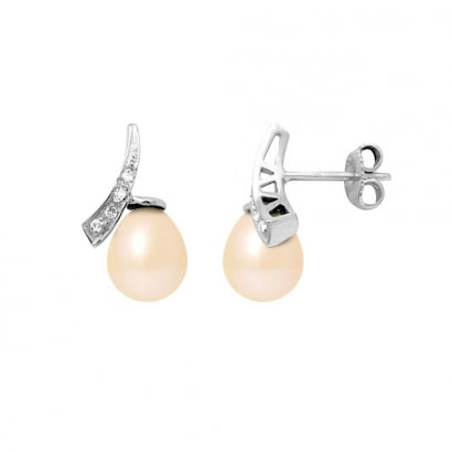 Boucles d'Oreilles Perles de Culture Roses, Diamants 0.08 cts et Or Blanc 750/1000