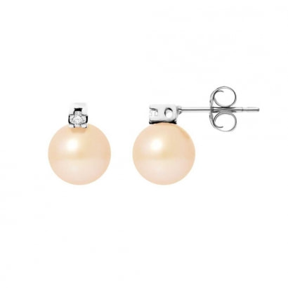 Pink Freshwater Pearls, Diamonds Earrings and White gold 750/1000 pds 0.9g