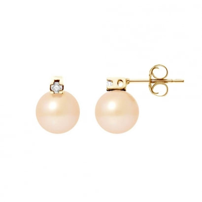 Boucles d'Oreilles Perles de Culture Roses, Diamants 0.04 cts et Or Jaune 750/1000