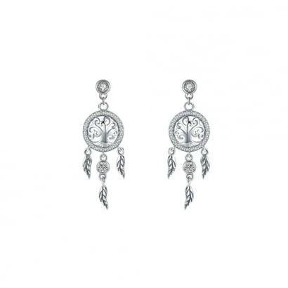 Tree of Life earrings in dream catcher adorned with White Swarovski Crystal and 925 Silver