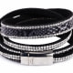 White Swarovski Crystal Elements 2 rows Bracelet and Black leather 